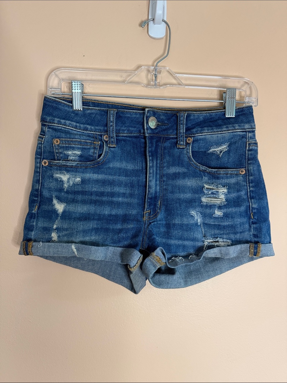 American Eagle Outfitters Distressed Rolled Cuff Denim Shorts - Blue